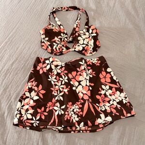 Victoria's Secret Brown and Pink Floral Halter Bikini with Skirt